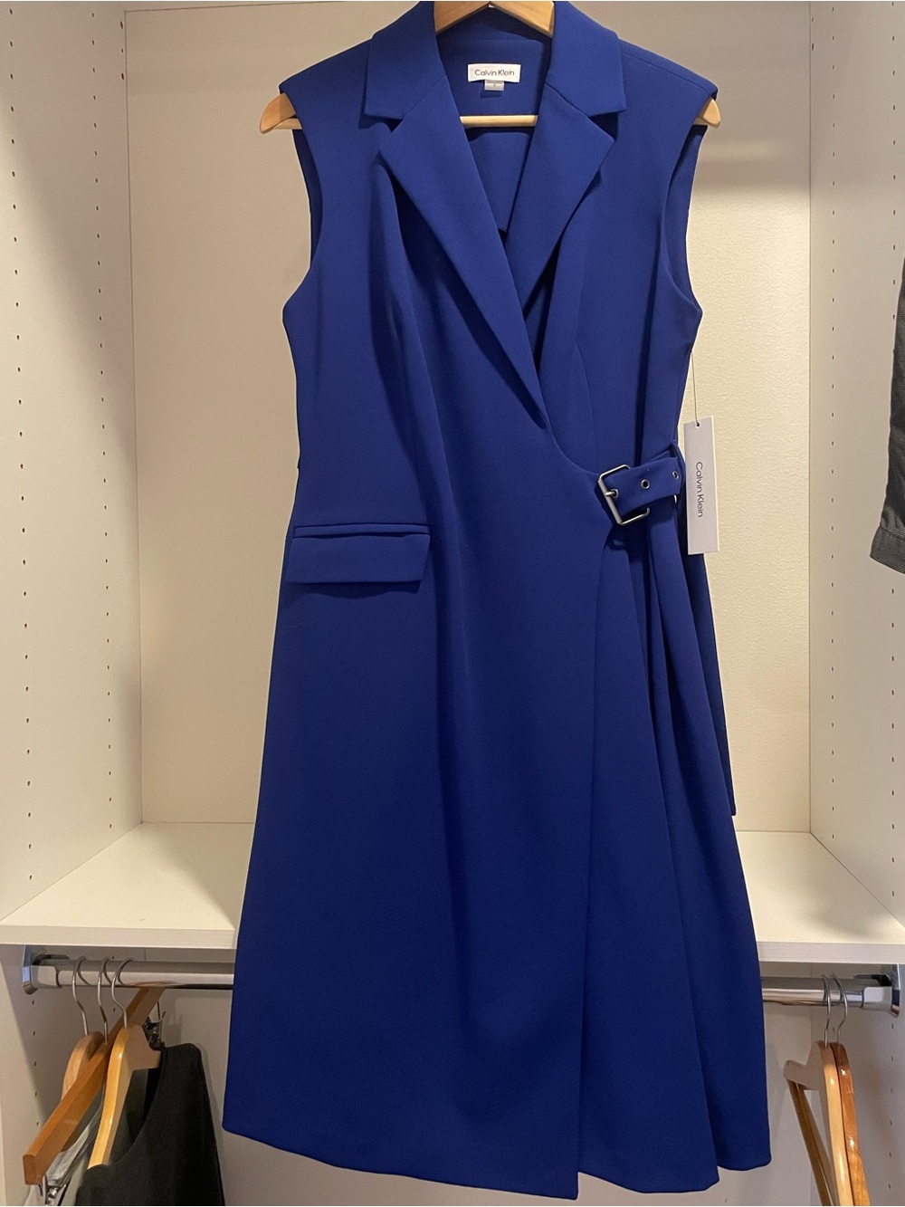 Calvin Klein Sleeveless Cobalt Wrap Dress with Side Buckle